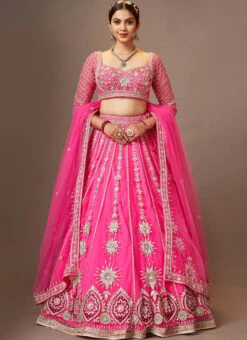 Pink Color Net Embroidered And Zari Work Umbrella Lehenga Wedding Wear -ZariGrace Shop pink color net embroidered and zari work umbrella lehenga ghmkns440a u