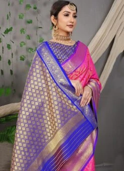 Pink Color Patola Silk With Gold Zari Weaving Work Saree Festive Wear -ZariGrace Shop pink color patola silk with gold zari weaving work saree sasom110748 b