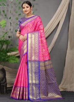 Pink Color Patola Silk With Gold Zari Weaving Work Saree Festive Wear -ZariGrace Shop pink color patola silk with gold zari weaving work saree sasom110748 u