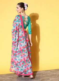 Pink Color Printed Embroidery Georgette Saree Party Wear -ZariGrace Shop pink color printed embroidery georgette saree sasacw4291 b