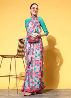 Pink Color Printed Embroidery Georgette Saree Party Wear -ZariGrace Shop pink color printed embroidery georgette saree sasacw4291 u