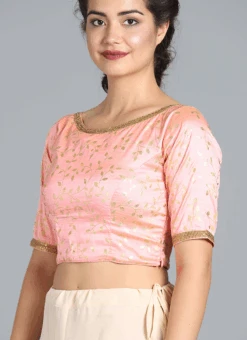 Pink Foil Printed Matka Silk Blouse Festive Wear -ZariGrace Shop pink foil printed matka silk blouse BLBS02209607 u