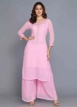 Pink Georgette Machine Embroidery Kurta Palazzo Set Party Wear -ZariGrace Shop pink georgette machine embroidery kurta palazzo set krskifh99660001322 u