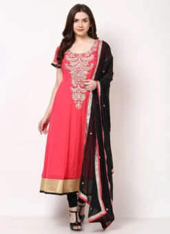 Coral Pink Georgette Plus Size Anarkali Suit Party Wear -ZariGrace Shop pink georgette plus size anarkali suit plslnrrm272 u