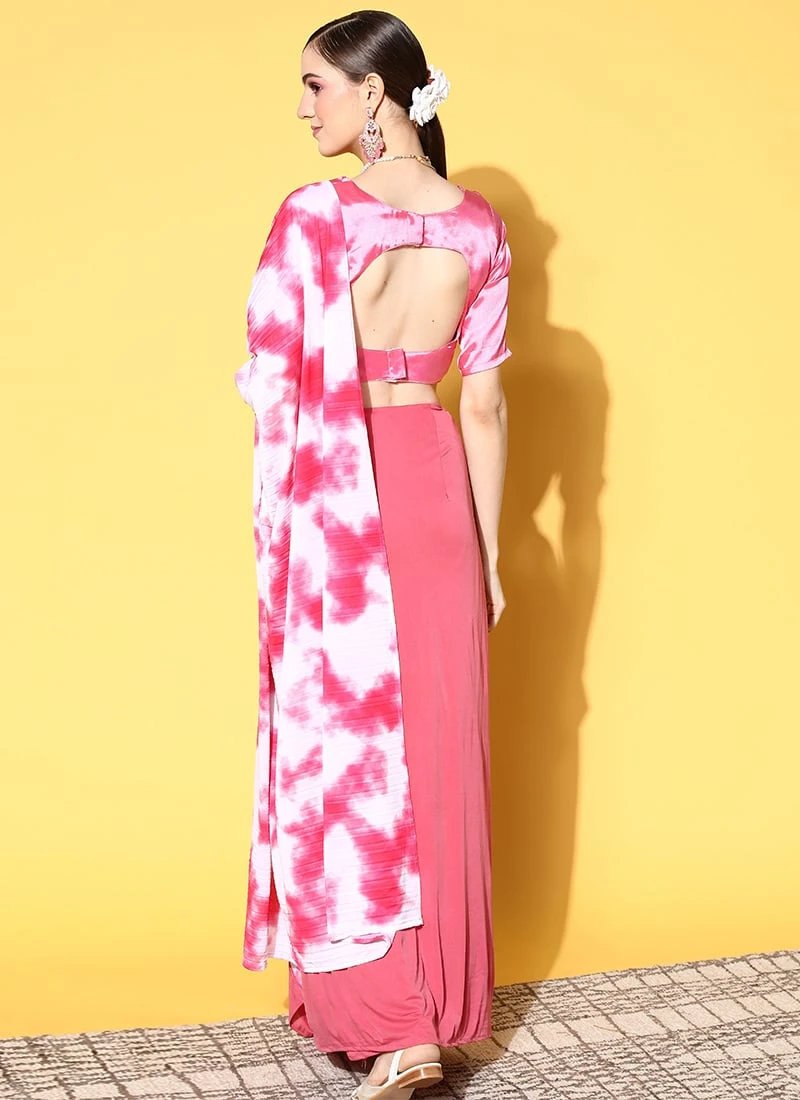 Pink Georgette Printed Half N Half Saree Party Wear 6 Pink Georgette Printed Half N Half Saree Party Wear - Image 4