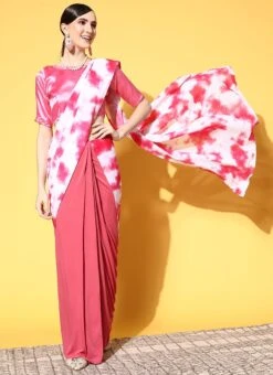 Pink Georgette Printed Half N Half Saree Party Wear 8 Pink Georgette Printed Half N Half Saree Party Wear -ZariGrace Shop pink georgette printed half n half saree sasacu7405 u