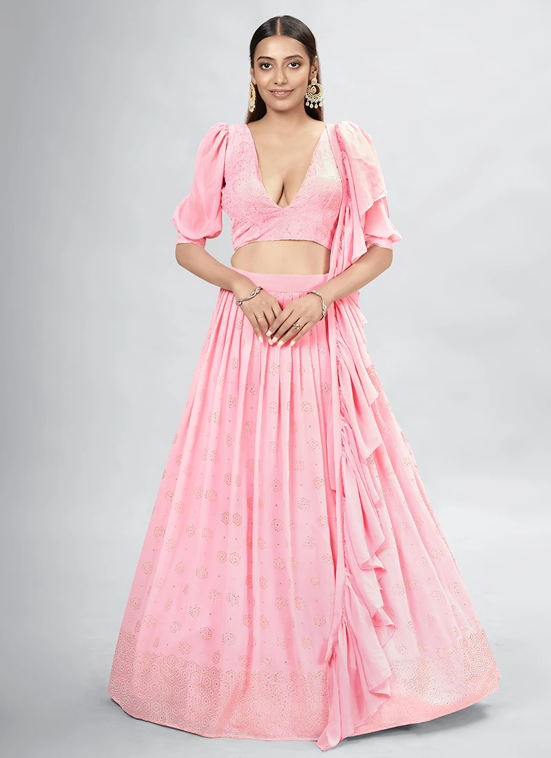 Pink Georgette Sequins Umbrella Lehenga Party Wear 5 Pink Georgette Sequins Umbrella Lehenga Party Wear - Image 3