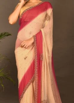 Pink N Green Georgette Hand Work Half N Half Saree Festive Wear