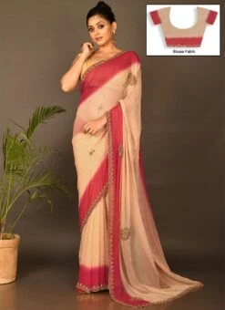 Pink N Green Georgette Hand Work Half N Half Saree Festive Wear -ZariGrace Shop pink n green georgette hand work half n half saree sadsf4623 u