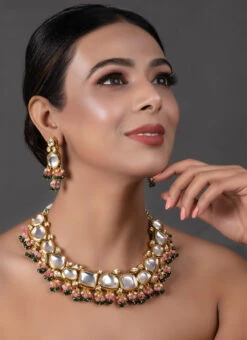 Pink N Green Necklace Set With Earrings Party Wear -ZariGrace Shop pink n green necklace set with earrings jyndfemnls061 b