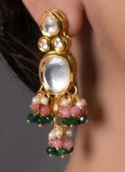 Pink N Green Necklace Set With Earrings Party Wear