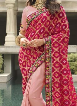 Pink N Peach Silk Embroidery Half N Half Saree Party Wear