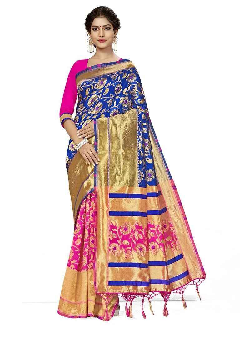 Pink N Royal Blue Banarasi Silk Zari Saree Festive Wear 5 Pink N Royal Blue Banarasi Silk Zari Saree Festive Wear - Image 3