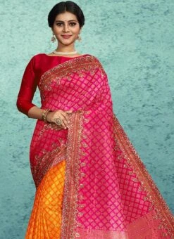 Pink N Rust Kanjeevaram Silk Hand Embroidery Half N Half Saree Festive Wear -ZariGrace Shop pink n rust kanjeevaram silk hand embroidery half n half saree sadsf4753 b