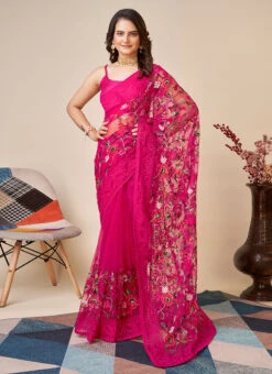 Pink Net Embroidered Saree After Six Wear -ZariGrace Shop pink net embroidered saree sasacw8969 u