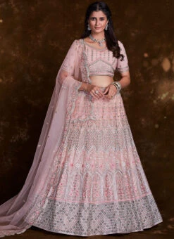 Pink Net Embroidered Stones Umbrella Lehenga Wedding Wear -ZariGrace Shop pink net embroidered stones umbrella lehenga ghska467275010 u