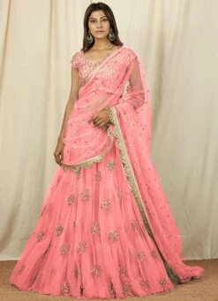 Pink Net Embroidered Umbrella Lehenga Choli Party Wear -ZariGrace Shop pink net embroidered umbrella lehenga choli ghstk01 u