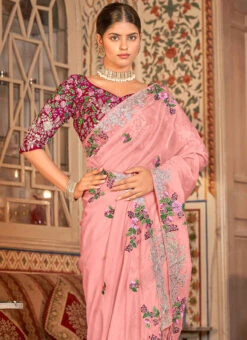 Pink Organza Thread N Sequins Work Saree Party Wear -ZariGrace Shop pink organza thread n sequins work saree sasak353328001 b