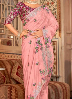 Pink Organza Thread N Sequins Work Saree Party Wear