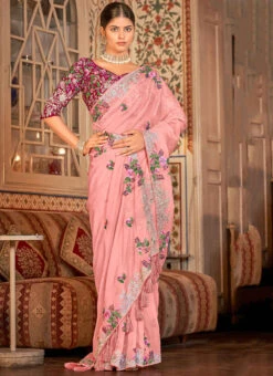 Pink Organza Thread N Sequins Work Saree Party Wear -ZariGrace Shop pink organza thread n sequins work saree sasak353328001 u