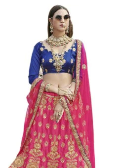 Pink Satin Silk Golden Thread Embroidery A Line Lehenga Party Wear -ZariGrace Shop pink satin silk golden thread embroidery a line lehenga ghsst40001 b