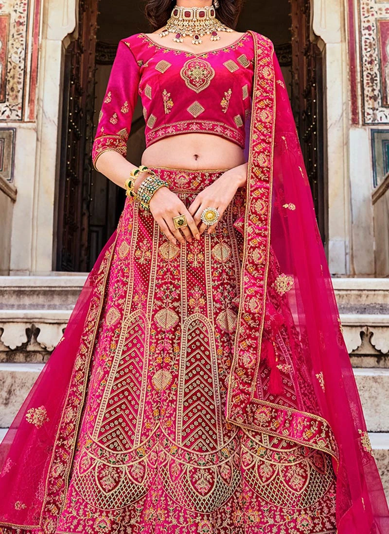 Pink Velvet Embroidered Resham Umbrella Lehenga Wedding Wear 3 Pink Velvet Embroidered Resham Umbrella Lehenga Wedding Wear