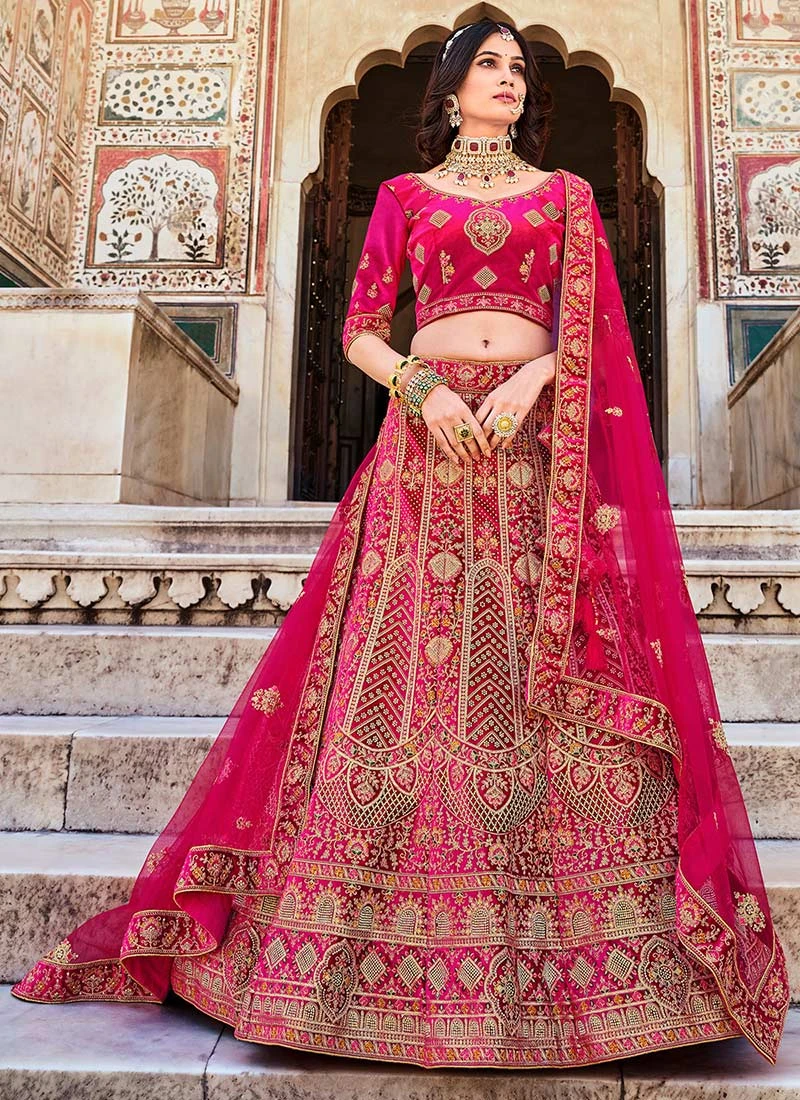 Pink Velvet Embroidered Resham Umbrella Lehenga Wedding Wear 5 Pink Velvet Embroidered Resham Umbrella Lehenga Wedding Wear - Image 3