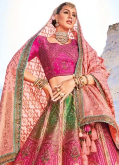 Pink Viscose Silk Embroidered Umbrella Lehenga Wedding Wear -ZariGrace Shop pink viscose silk embroidered umbrella lehenga ghsli22317106 b