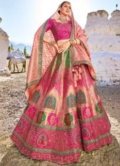 Pink Viscose Silk Embroidered Umbrella Lehenga Wedding Wear -ZariGrace Shop pink viscose silk embroidered umbrella lehenga ghsli22317106 u