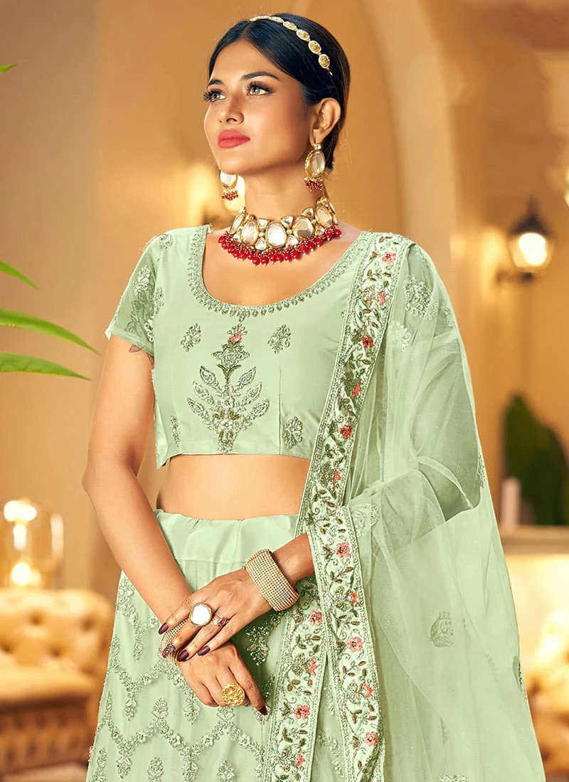 Pista Green Embroidery Stone Work Net A Line Lehenga Party Wear 6 Pista Green Embroidery Stone Work Net A Line Lehenga Party Wear - Image 4