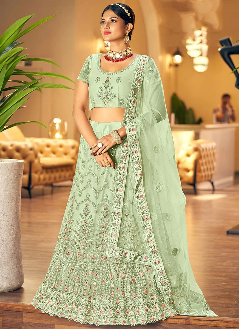 Pista Green Embroidery Stone Work Net A Line Lehenga Party Wear 5 Pista Green Embroidery Stone Work Net A Line Lehenga Party Wear - Image 3