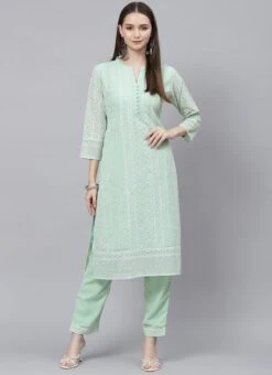 Pista Green Georgette Embroidery Kurta Straight Pant Set Work Wear -ZariGrace Shop pista green georgette embroidery kurta straight pant set krsmz220888pgr u