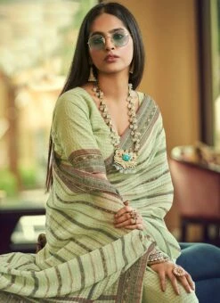 Pista Green Georgette Printed Work Half N Half Saree Party Wear -ZariGrace Shop pista green georgette printed work half n half saree sasak352629005 b