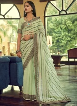 Pista Green Georgette Printed Work Half N Half Saree Party Wear -ZariGrace Shop pista green georgette printed work half n half saree sasak352629005 u