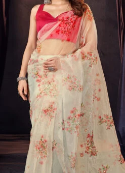 Printed Off White Color Organza Saree Festive Wear