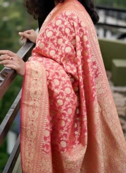 Pure Banarasi Silk Pink Color Saree Festive Wear