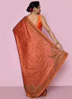 Pure Banarasi Silk Embroidered Rust Color Saree Wedding Wear -ZariGrace Shop pure silk embroidered rust color saree savns125b b