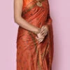 Pure Banarasi Silk Embroidered Rust Color Saree Wedding Wear