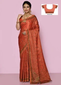 Pure Banarasi Silk Embroidered Rust Color Saree Wedding Wear -ZariGrace Shop pure silk embroidered rust color saree savns125b u