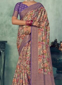 Purple Art Silk Printed Saree Festive Wear