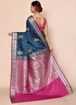 Cryslat Teal Art Silk Zari Sari Party Wear -ZariGrace Shop purple art silk zari sari sadsf7125 b