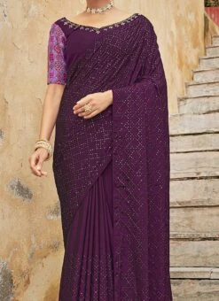 Purple Chinon Sequins Embroidered Saree Party Wear