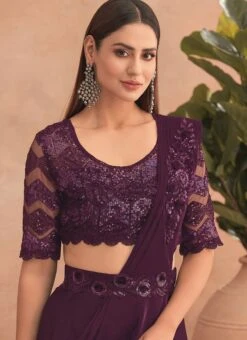 Purple Chinon Silk Embroidered Ready Pleated Saree Party Wear -ZariGrace Shop purple chinon silk embroidered ready pleated saree saska36307302d b