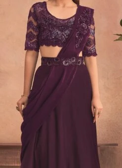 Purple Chinon Silk Embroidered Ready Pleated Saree Party Wear
