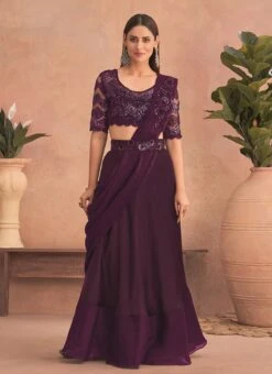 Purple Chinon Silk Embroidered Ready Pleated Saree Party Wear -ZariGrace Shop purple chinon silk embroidered ready pleated saree saska36307302d u