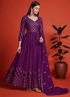 Purple Georgette Sequins Embroidered Anarkali Gown Party Wear -ZariGrace Shop purple georgette sequins embroidered anarkali gown bgwsir6504 u