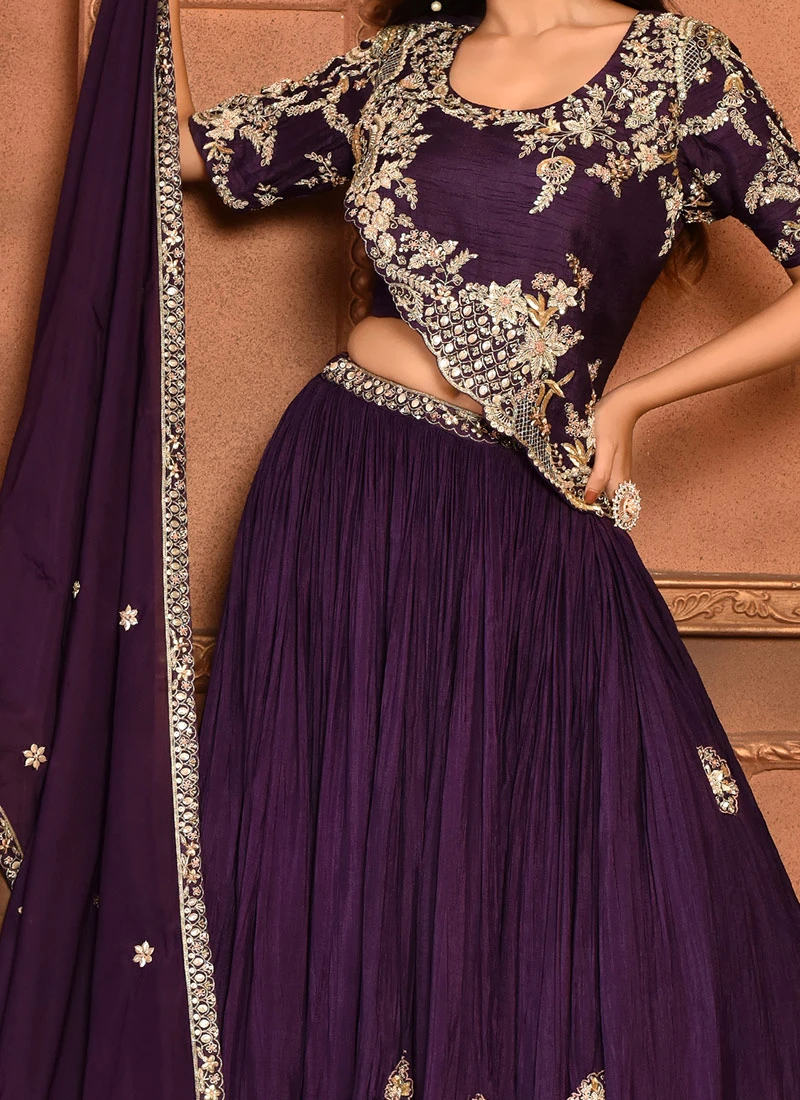 Purple Pure Silk Hand Work A Line Lehenga Party Wear 3 Purple Pure Silk Hand Work A Line Lehenga Party Wear