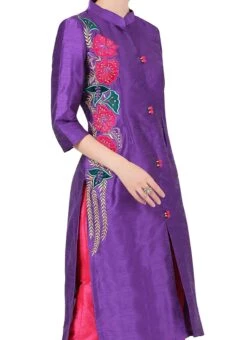 Purple Raw Silk Embroidery Work Kurta Straight Pant Set Party Wear