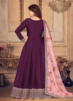 Purple Tussar Silk Embroidery Anarkali Suit Party Wear -ZariGrace Shop purple tussar silk embroidery anarkali suit slsdc4102 b