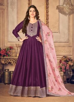 Purple Tussar Silk Embroidery Anarkali Suit Party Wear -ZariGrace Shop purple tussar silk embroidery anarkali suit slsdc4102 u